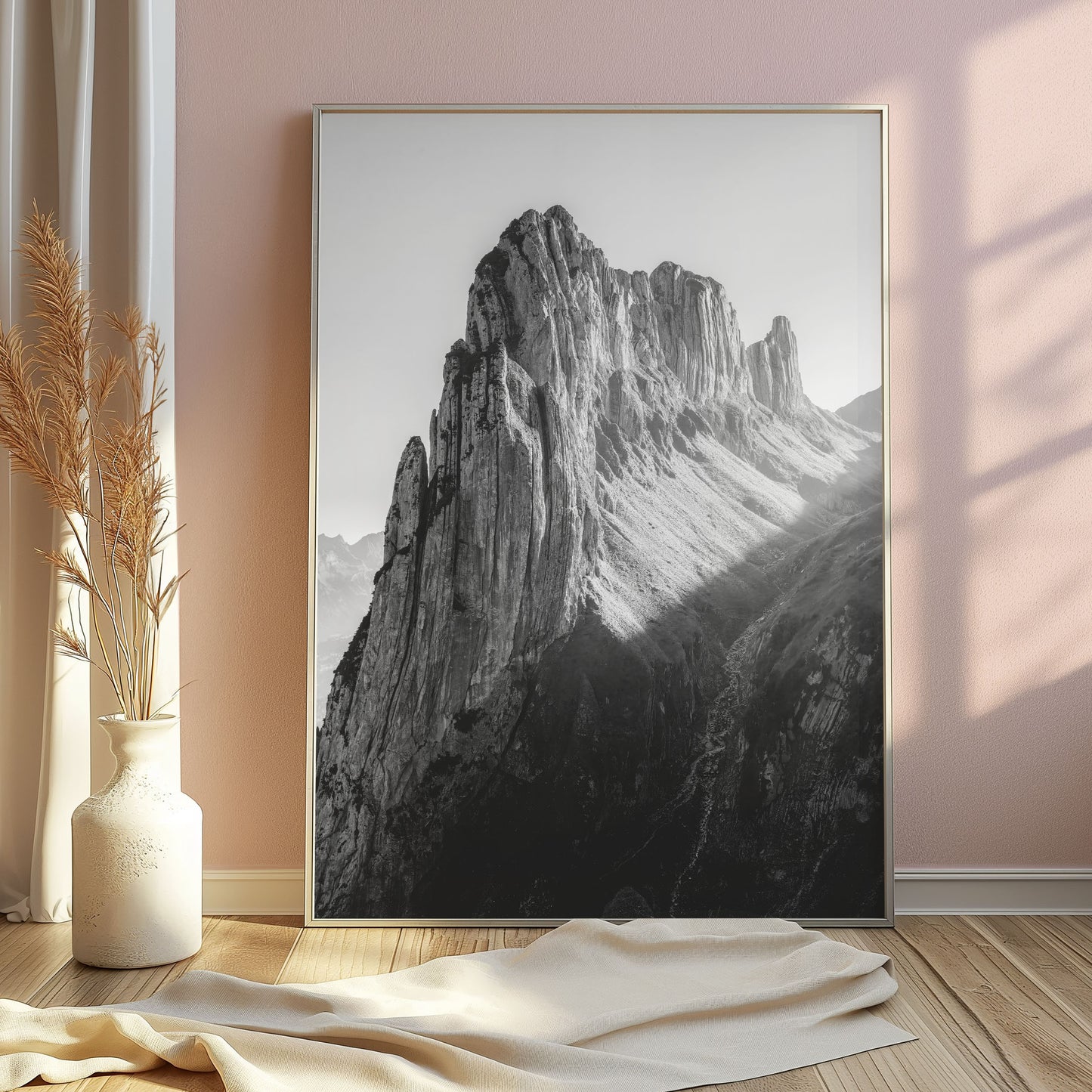 Saxer Lücke in the Swiss Alps, captured in black-and-white with evening shadows accentuating its rugged landscape, perfect for alpine wall art.