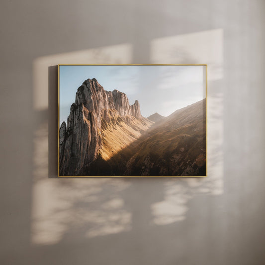 Saxer Lucke mountain peaks in Appenzell, Switzerland, bathed in warm morning light, perfect for nature wall art.