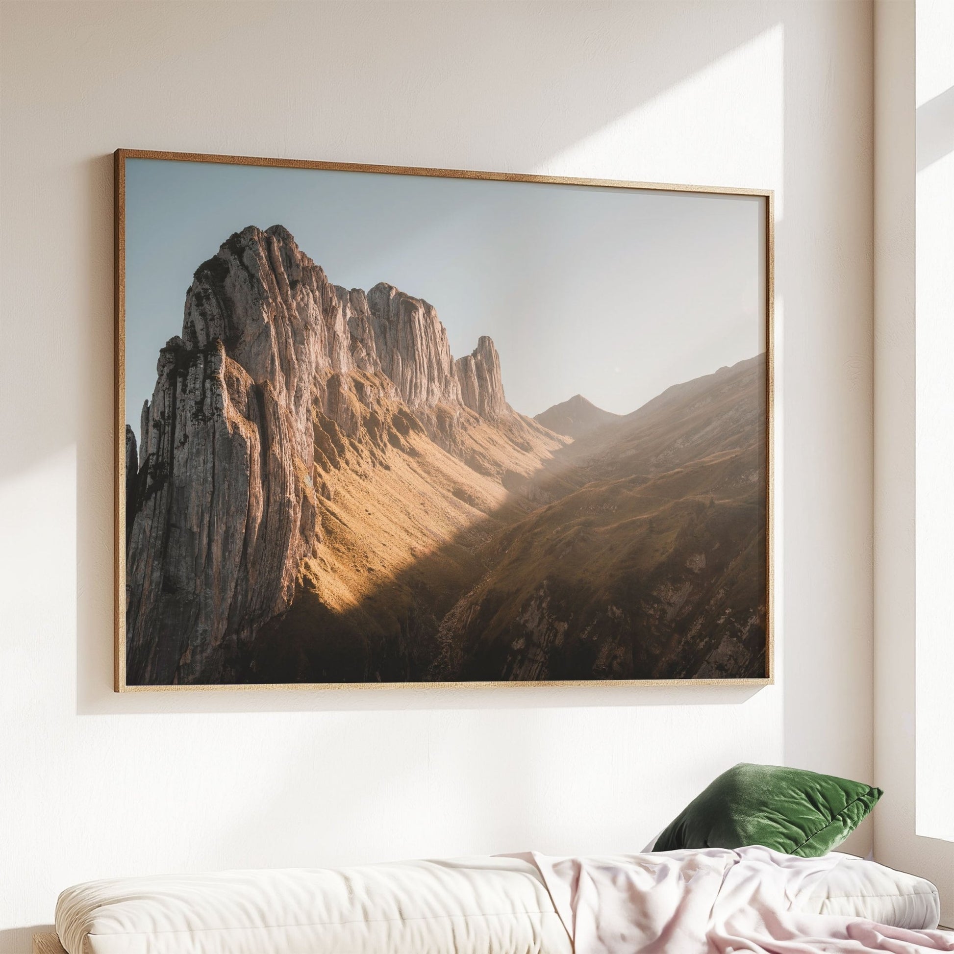 Nature wall art featuring Saxer Lucke’s rocky peaks and golden morning glow in the Swiss Alps.