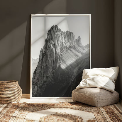 Saxer Lücke mountain ridge in monochrome, showcasing the rugged Swiss Alps in soft evening light, perfect for nature-inspired wall art.