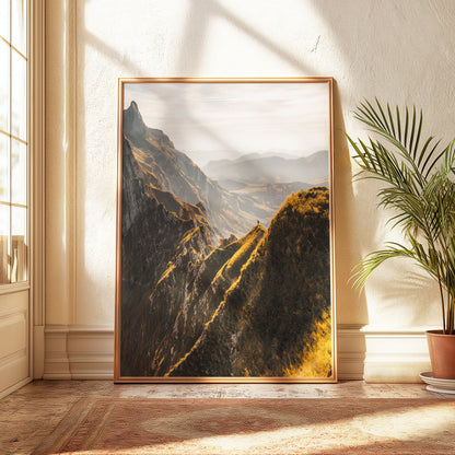 Alpine ridgeline of Schäfler, Appenzell, captured in warm evening light, showcasing rugged mountains and valleys, a perfect mountain wall art print.