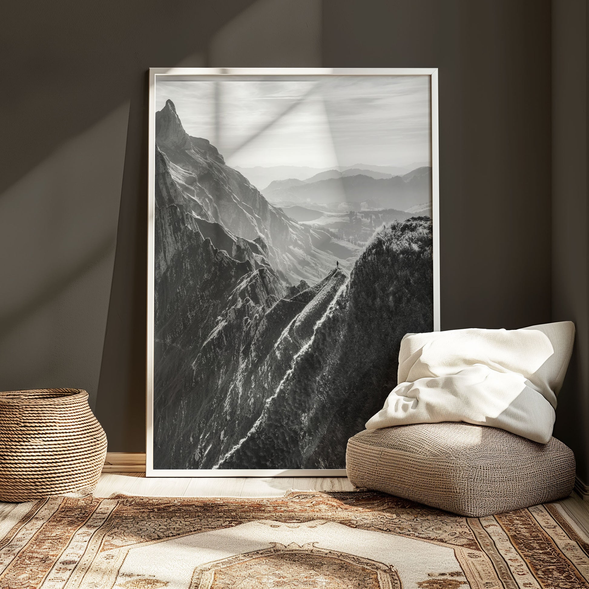 Schäfler ridgeline in black-and-white, showcasing the Swiss Alps' rugged terrain and soft evening haze, ideal for mountain-inspired wall decor.