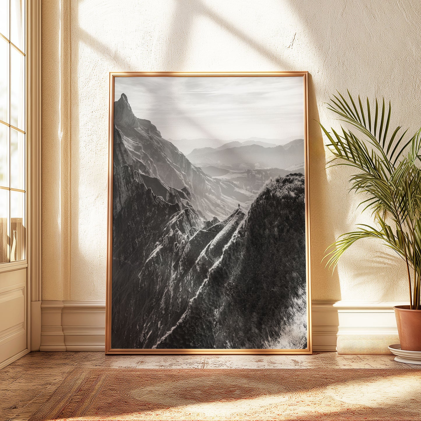 Schäfler ridgeline in black-and-white, showcasing the Swiss Alps' rugged terrain and soft evening haze, ideal for mountain-inspired wall decor.