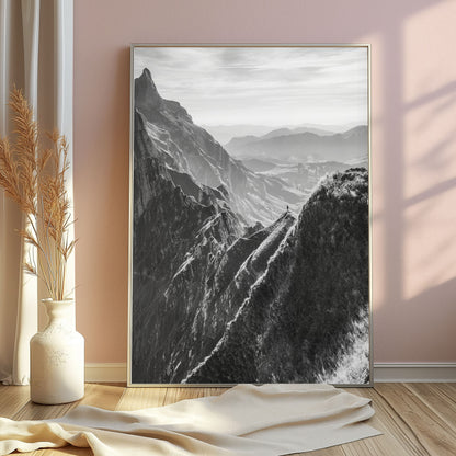 Schäfler ridgeline in black-and-white, with dramatic evening light and textured peaks, offering a timeless look for nature-inspired wall art.