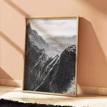 Swiss Alps Schäfler ridgeline in monochrome, featuring deep textures and dramatic mountain scenery for an elegant wall art addition.