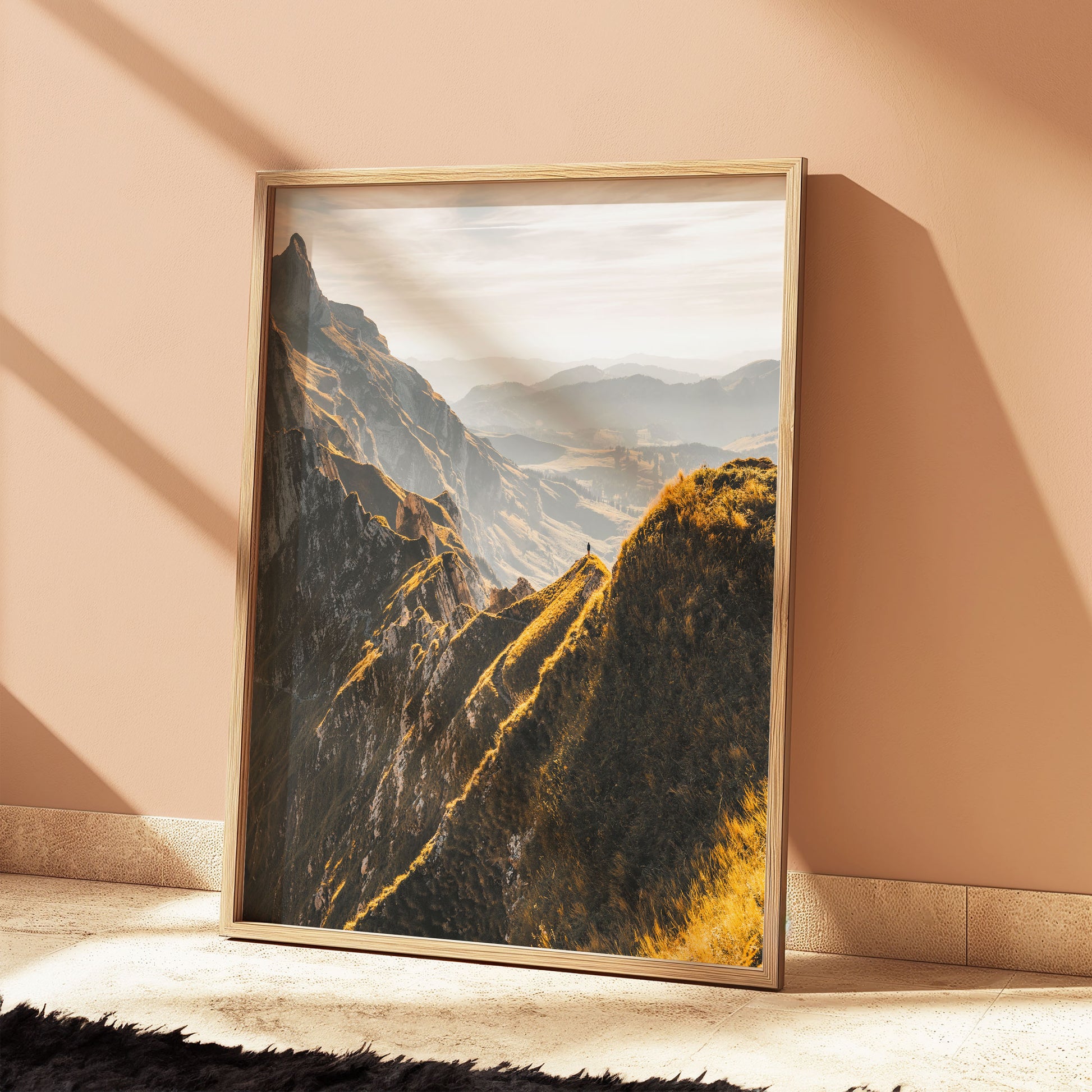 Schäfler ridge in the Swiss Alps, illuminated by warm sunset tones and rugged alpine views, great for decorating any nature lover's space.