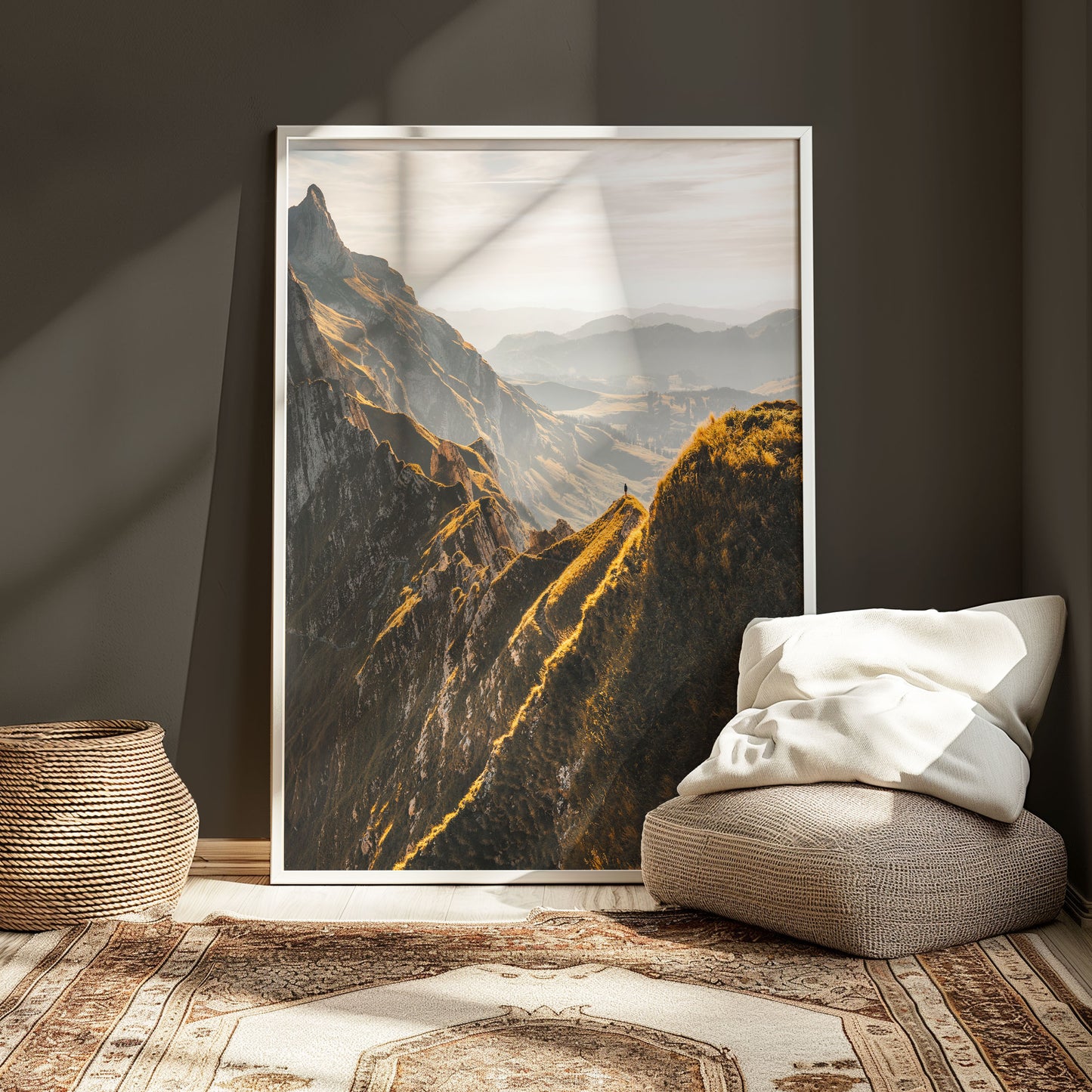 Sunset view of Schäfler ridgeline in the Swiss Alps, featuring dramatic light and alpine landscape, ideal for nature-inspired wall decor.