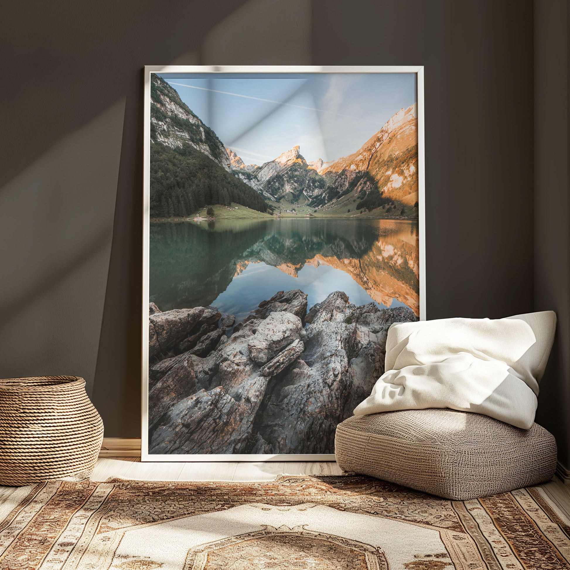 Scenic Seealpsee in the Swiss Alps, showing a glassy reflection of mountains and trees in morning light, ideal nature wall decor.