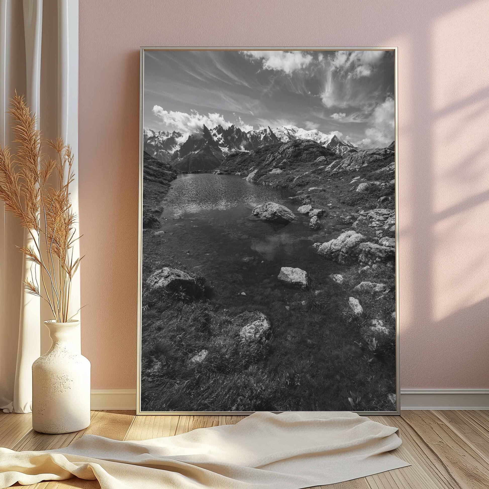 Serene black-and-white alpine landscape of Lac Flégère, perfect for minimalist decor.