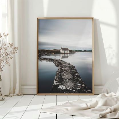 Irish coastal hut print in soft light with curtains and white flooring