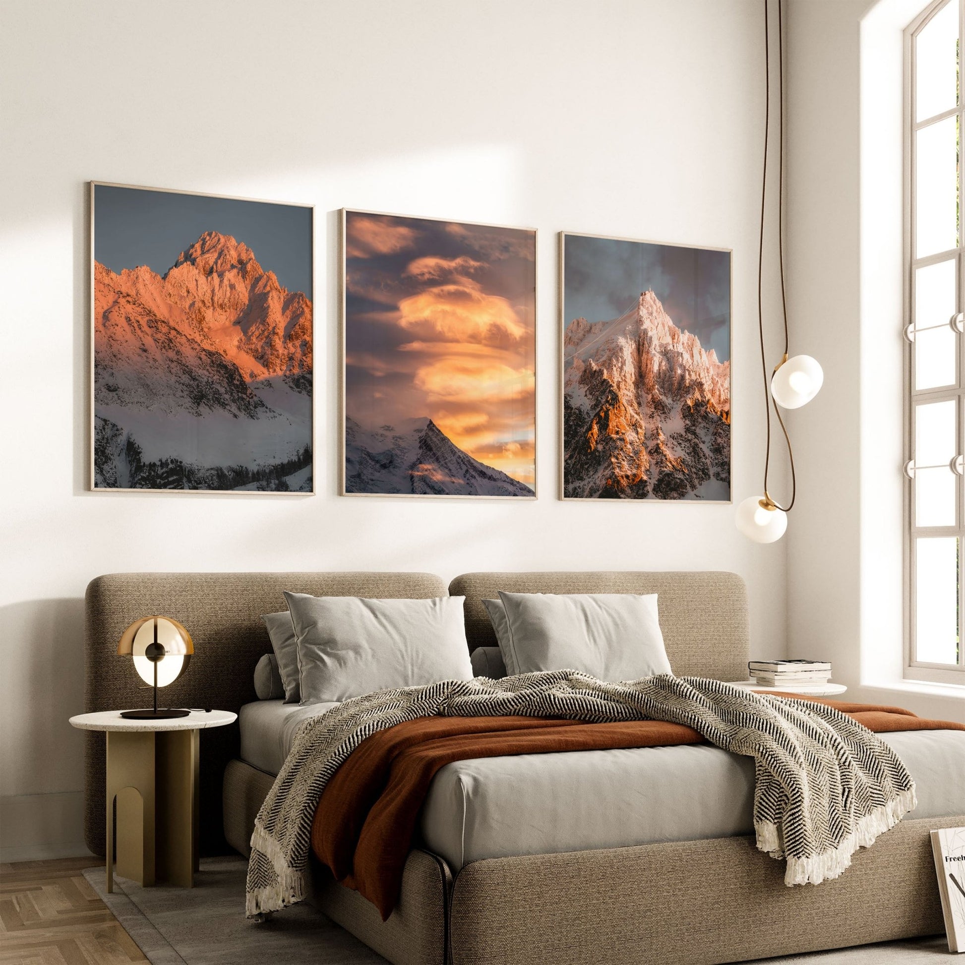 Elegant bedroom decor with a set of 3 alpine art prints, showcasing iconic mountain peaks from the French Alps.