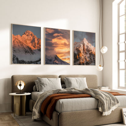 Elegant bedroom decor with a set of 3 alpine art prints, showcasing iconic mountain peaks from the French Alps.