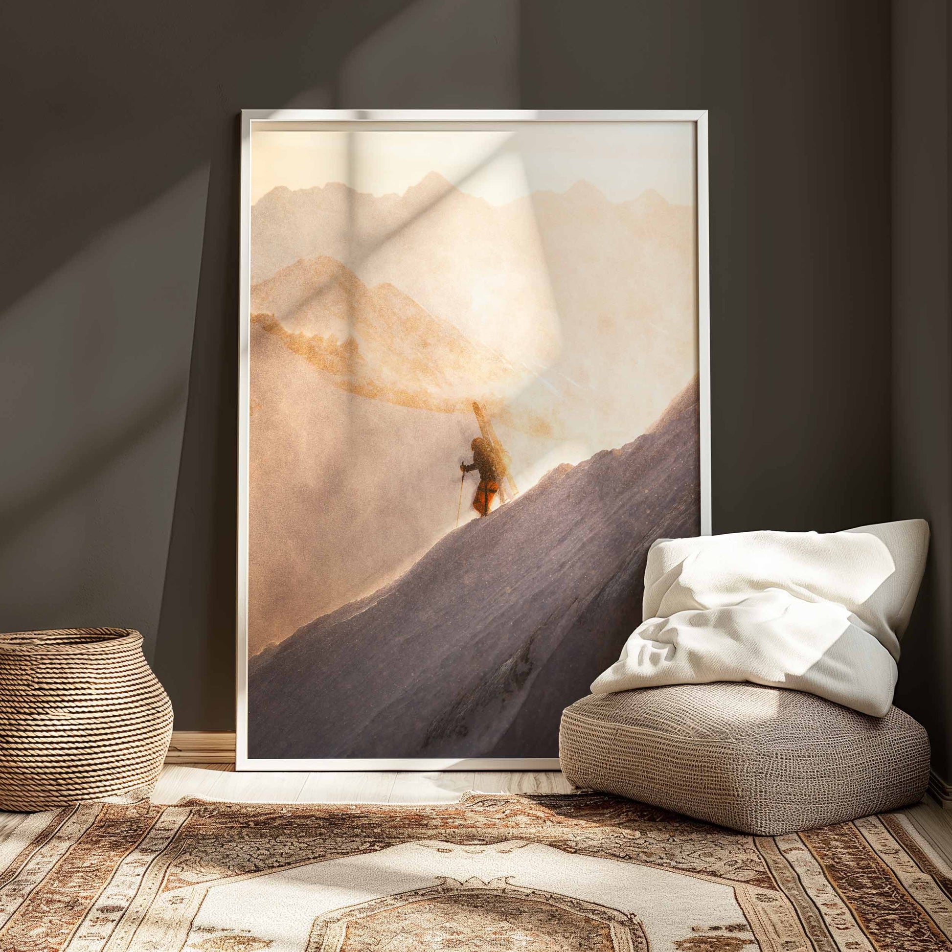 Minimalist wall art print featuring a skier on the Midi Arete in Chamonix, displayed in a white frame.