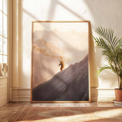 Mountain skier climbing the Midi Arete at sunrise - Chamonix wall art print in warm gold frame.