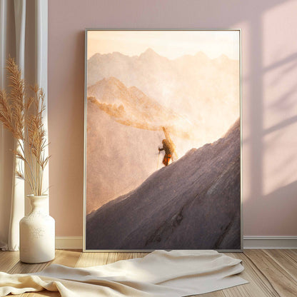 Ski mountaineer scaling the Midi Arete in Chamonix, captured in warm tones - framed art print.