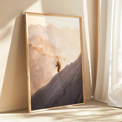 Chamonix mountain skier ascending the Midi Arete in golden light, presented as framed wall art.