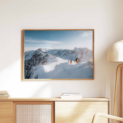 Modern sideboard with wall art of Vallée Blanche skiers in Chamonix at sunrise