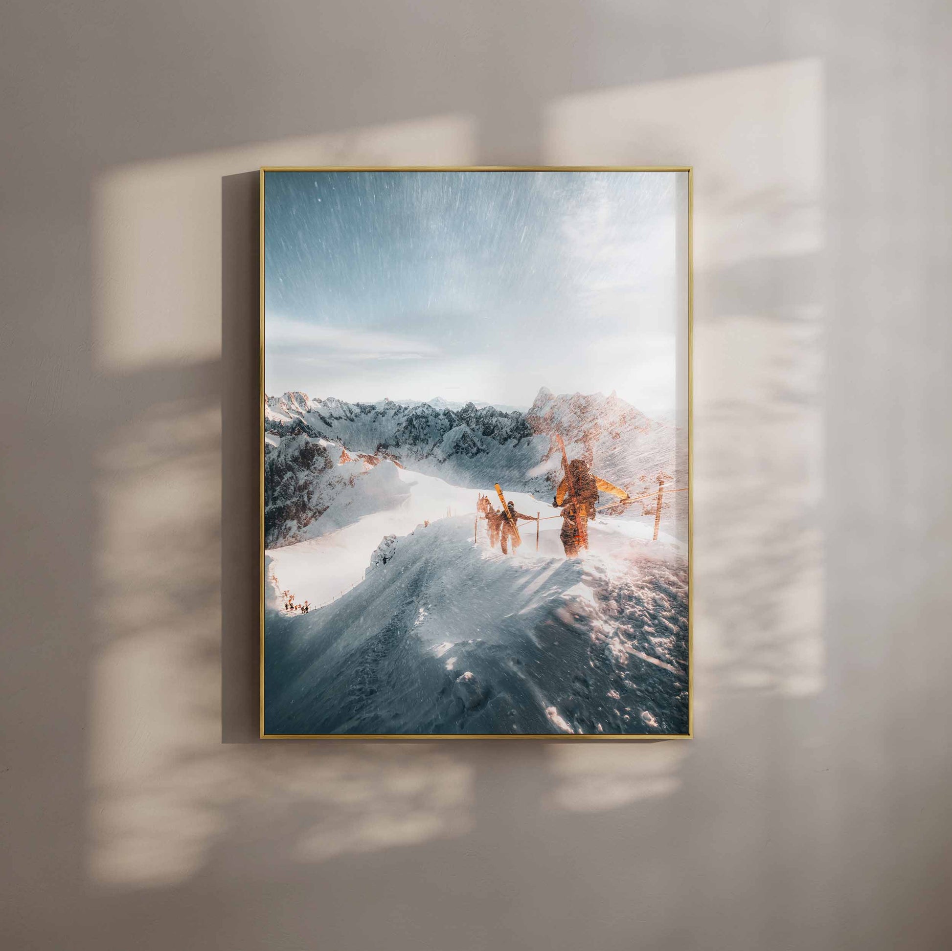 Skiers on Vallée Blanche captured in Chamonix, premium wall art print.