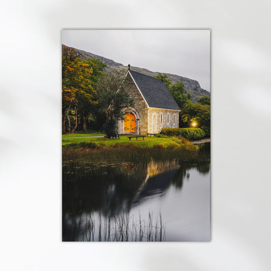 Tranquil lake view with St. Finbarr’s Oratory at Gougane Barra in Ireland