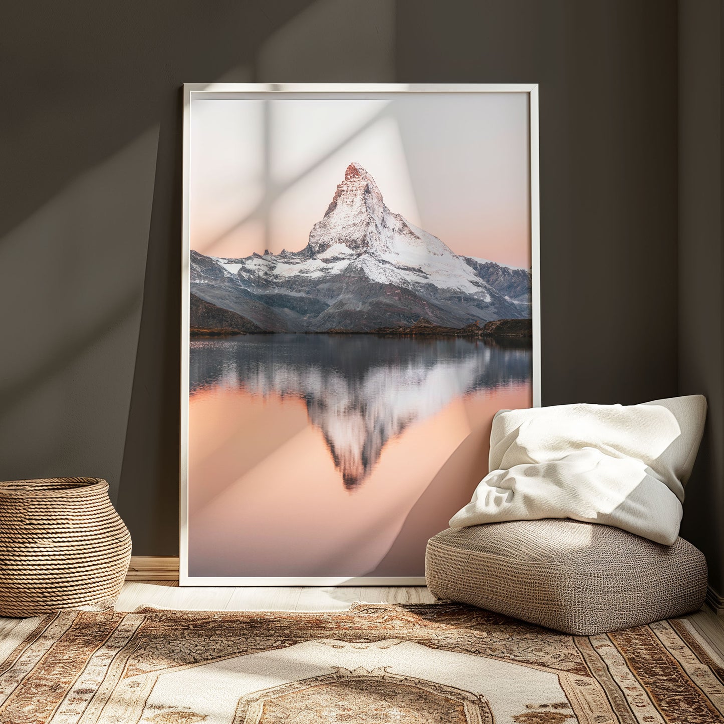 Alpine Stellisee lake at sunrise with pink light on the Matterhorn, an elegant mountain wall decor print.