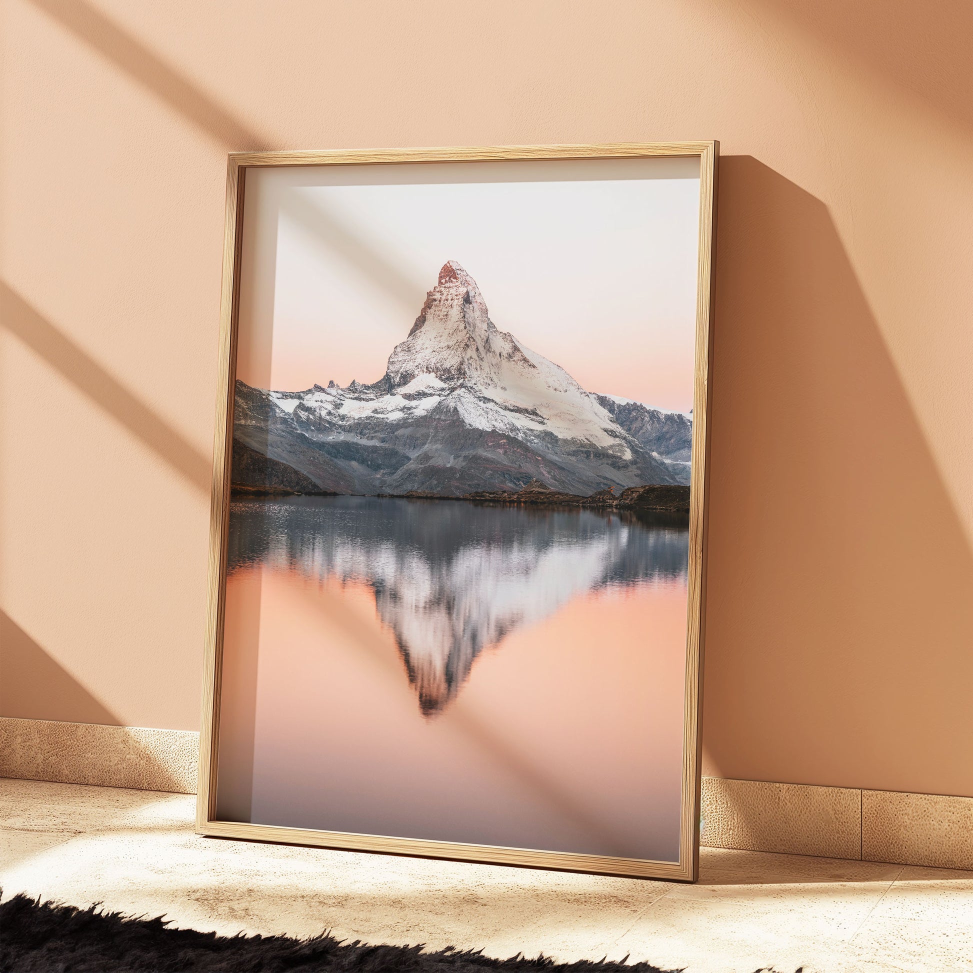 Golden sunrise over Stellisee with Matterhorn's iconic reflection, a perfect print for mountain-inspired wall art.