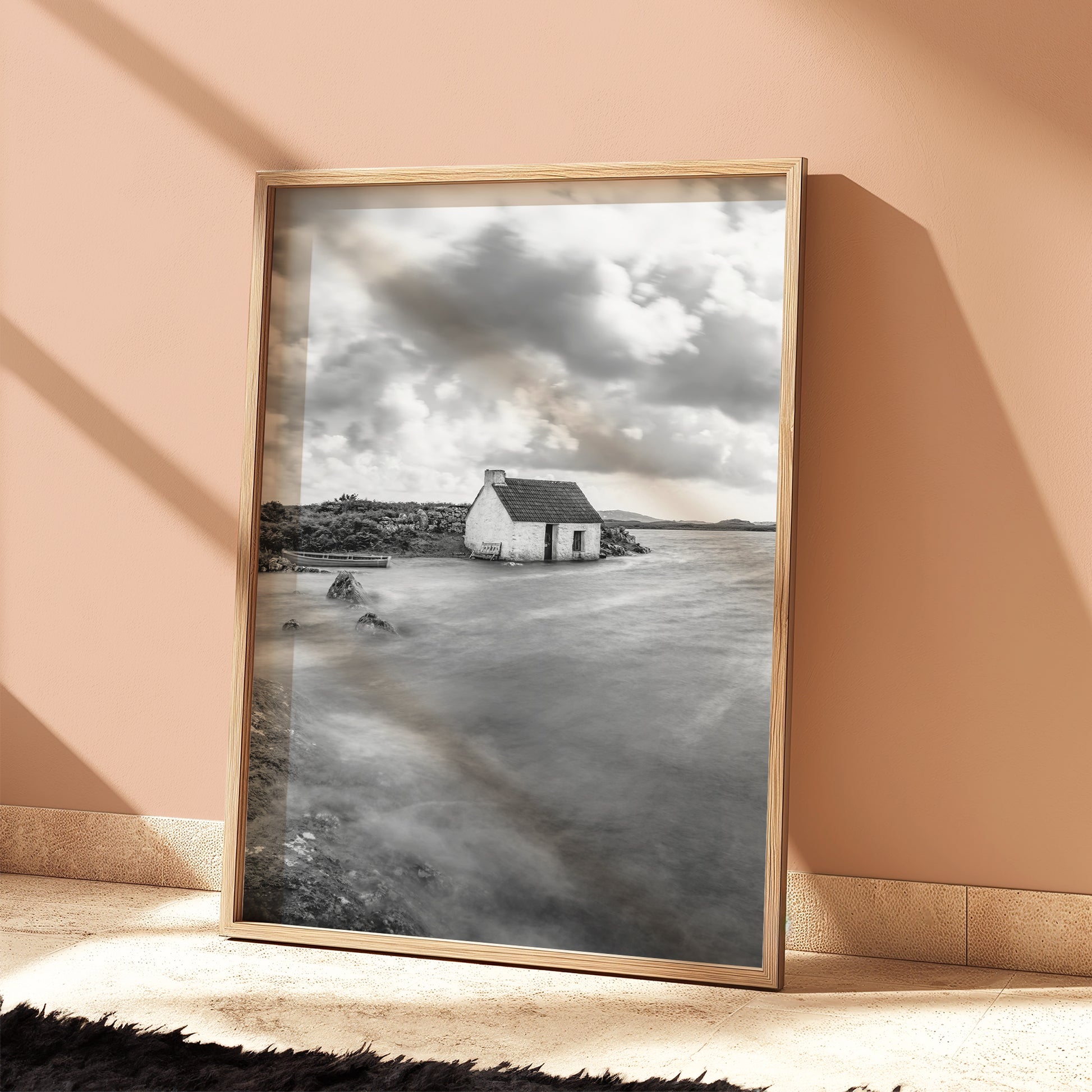 Irish cottage photography print with windswept coastal waters