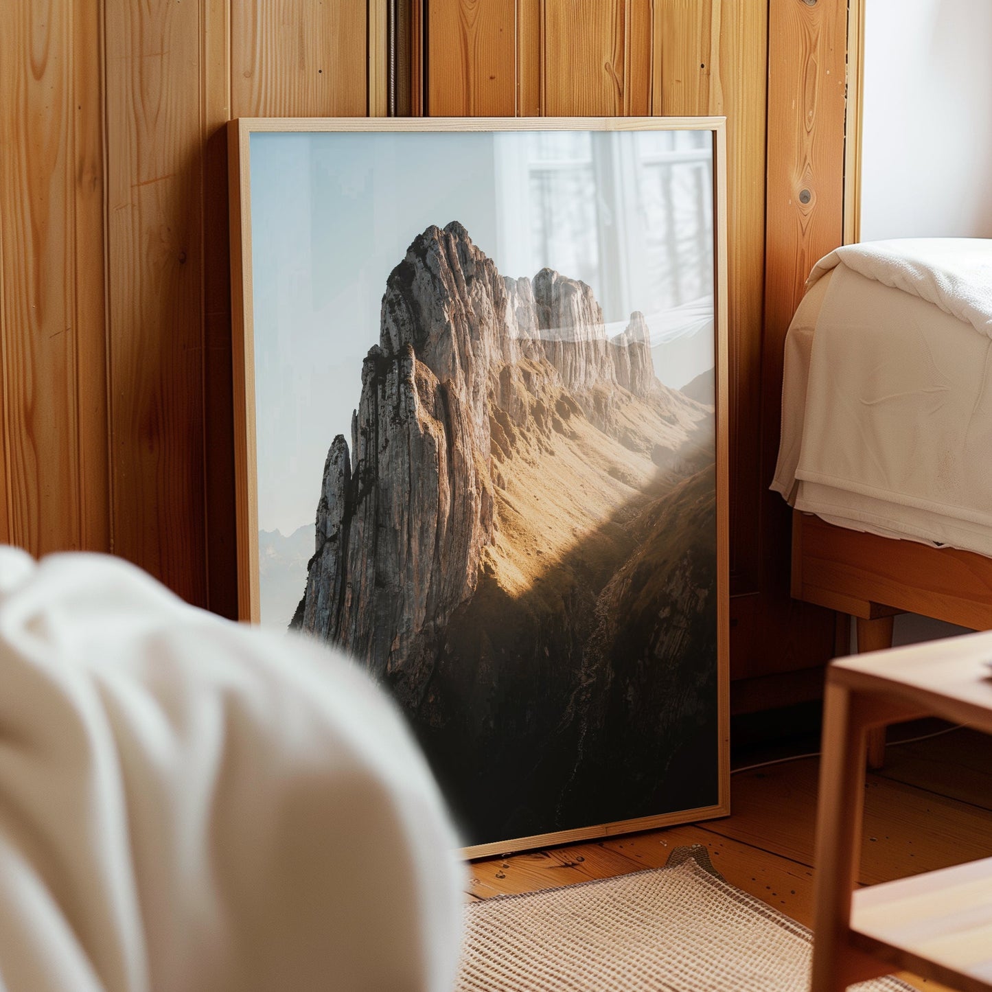 Saxer Lücke alpine print leaned against wooden wall in cosy bedroom.