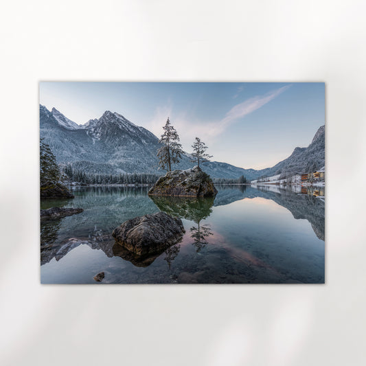 Serene sunrise light on the Bavarian Alps above Hintersee in Germany
