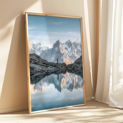 Golden sunset illuminating the Aiguilles de Chamonix, reflected perfectly in Lac Blanc's still waters.