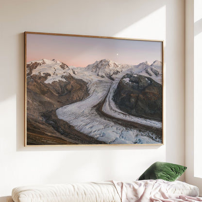 Nature wall art featuring Gorner Glacier and Monte Rosa peaks, showcasing the serene beauty of the Swiss Alps during the evening light.