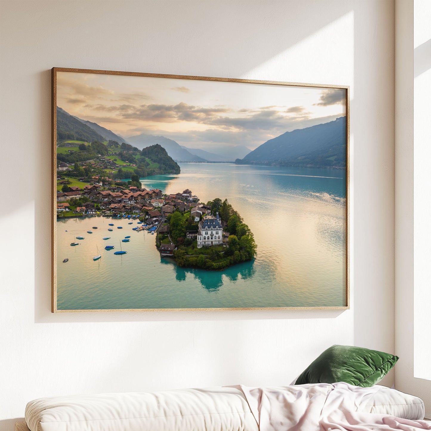 Framed Iseltwald wall art showcasing a tranquil lakeside village and mountain views.