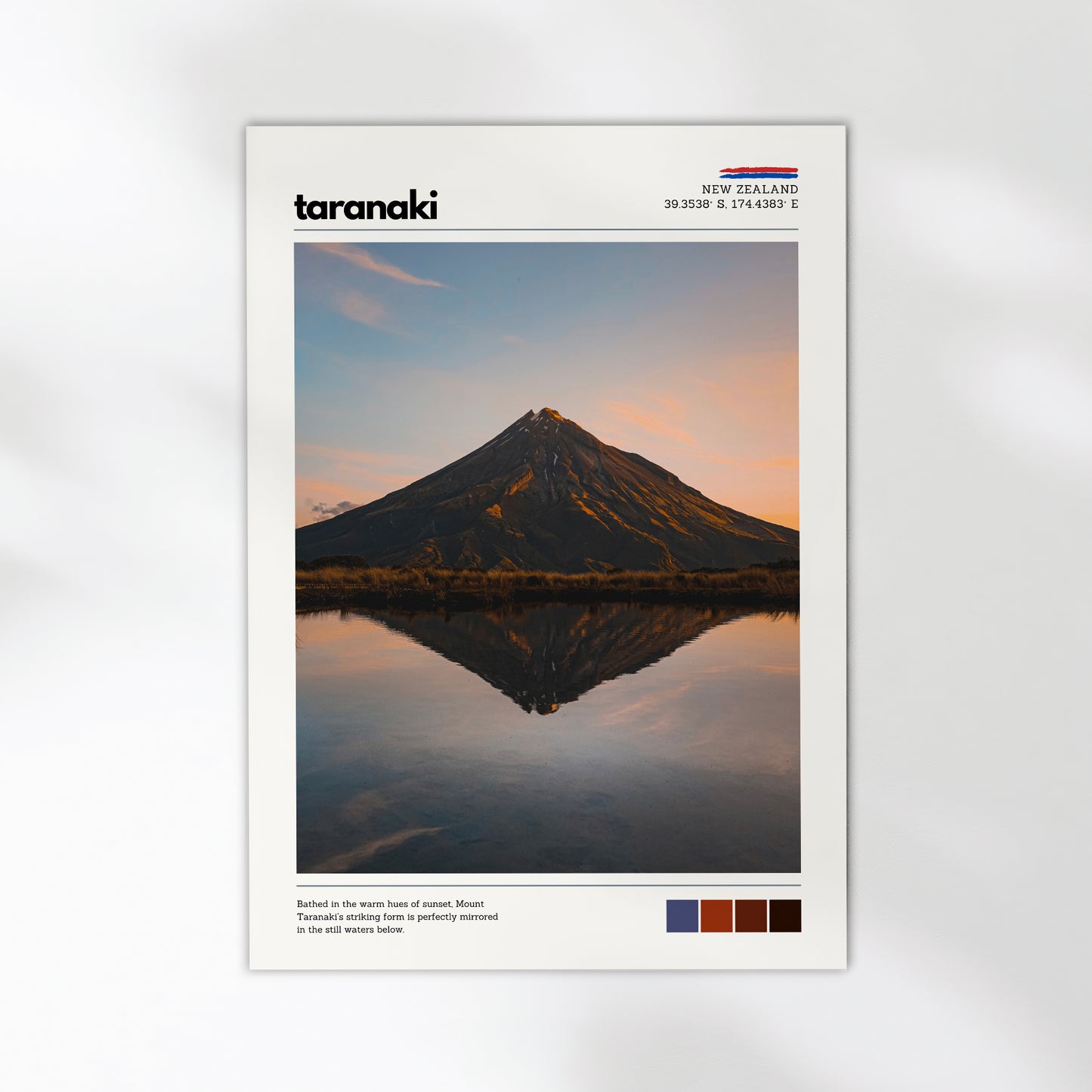 Mount Taranaki landscape wall art print with volcanic peak mirrored in calm water