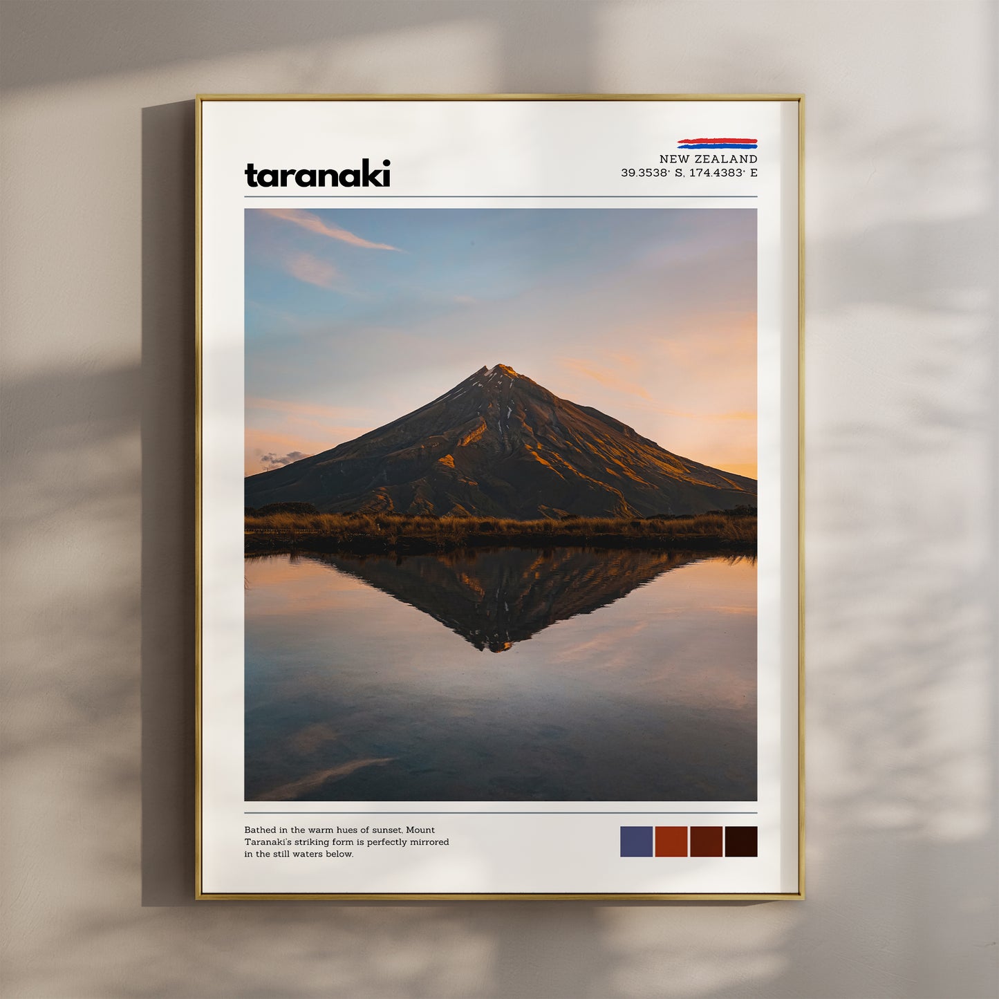 Fine art wall print of Mount Taranaki reflected in still water at sunset, New Zealand landscape photography