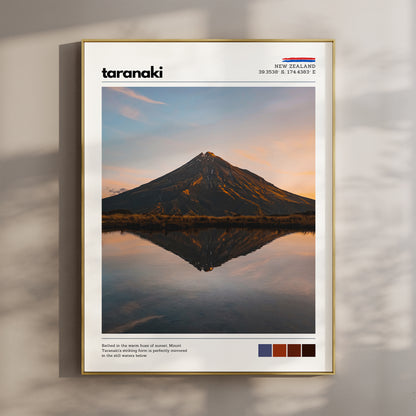 Fine art wall print of Mount Taranaki reflected in still water at sunset, New Zealand landscape photography