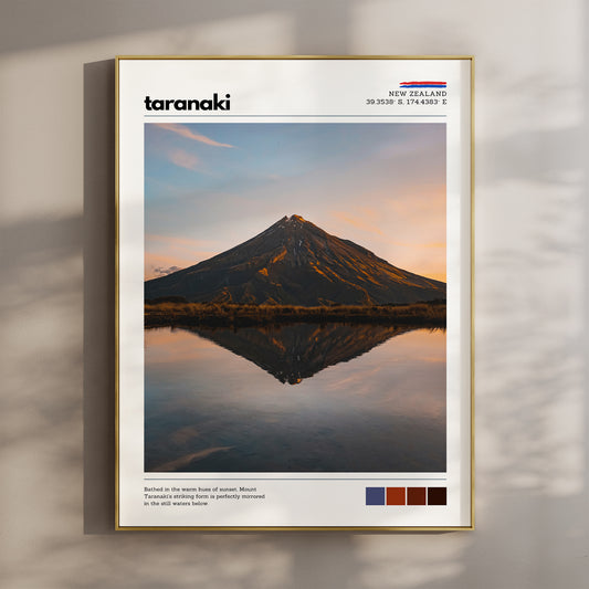 Fine art wall print of Mount Taranaki reflected in still water at sunset, New Zealand landscape photography