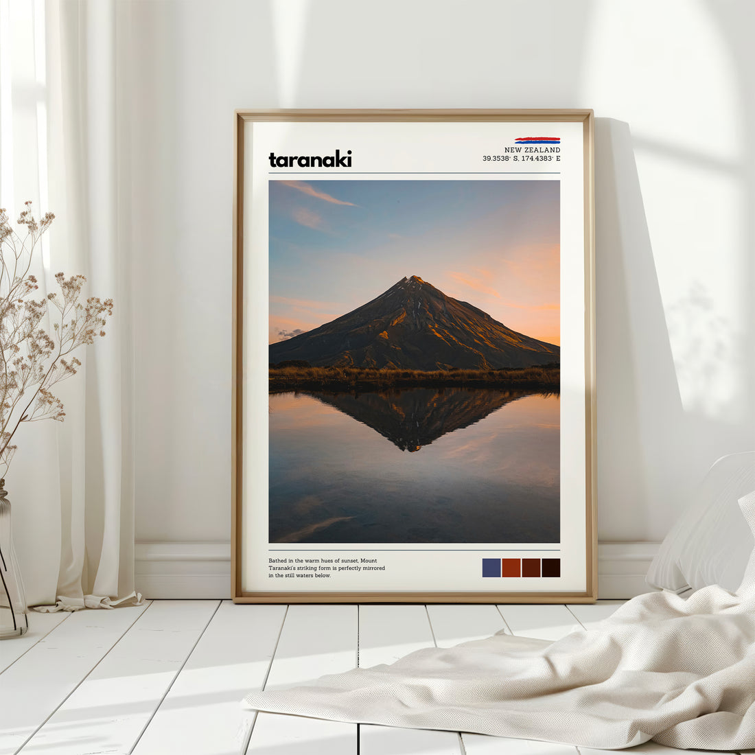 Mount Taranaki mountain wall art print styled in a minimal neutral interior space