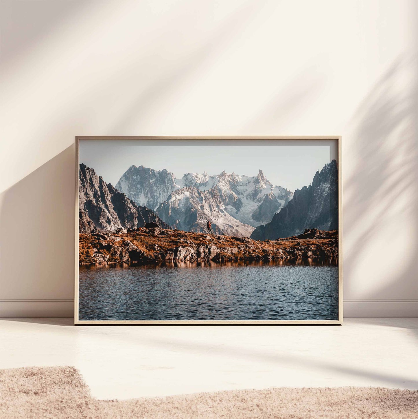 Tour du Mont Blanc print with a hiker in front of dramatic mountain peaks, perfect for home decor