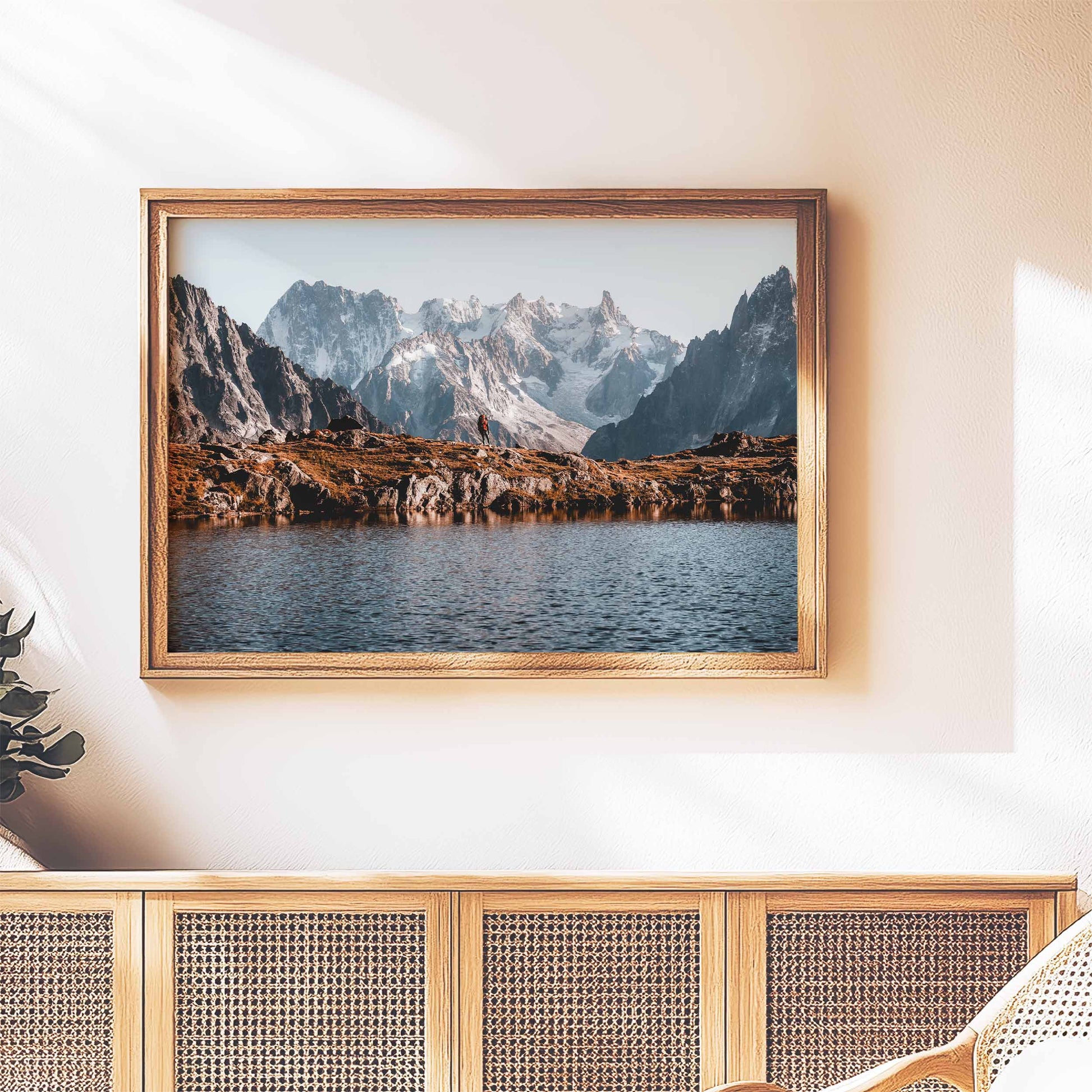 Mountain wall art showcasing a Tour du Mont Blanc hiker with stunning alpine scenery