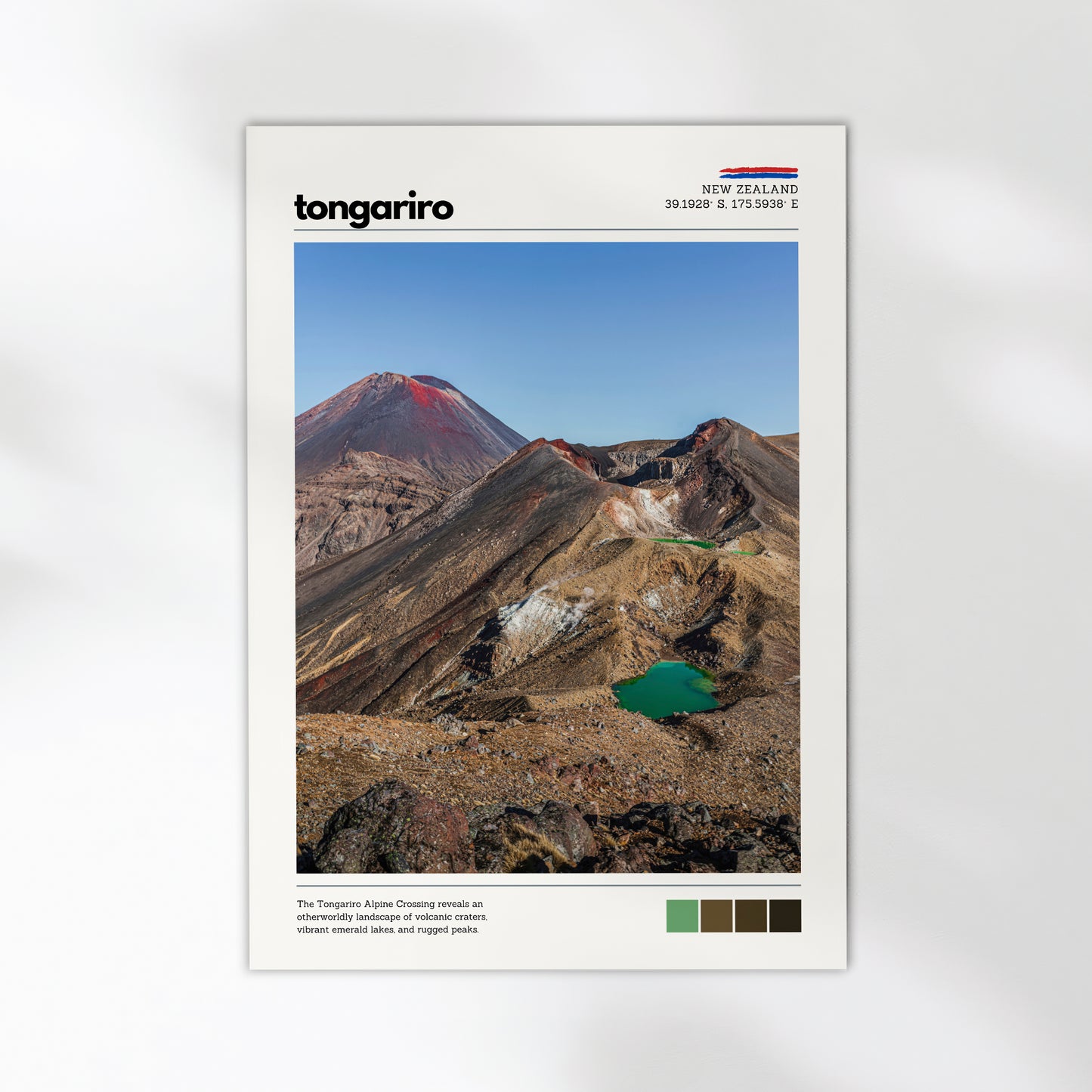 Tongariro Crossing art print showing volcanic landscape and emerald lakes in New Zealand