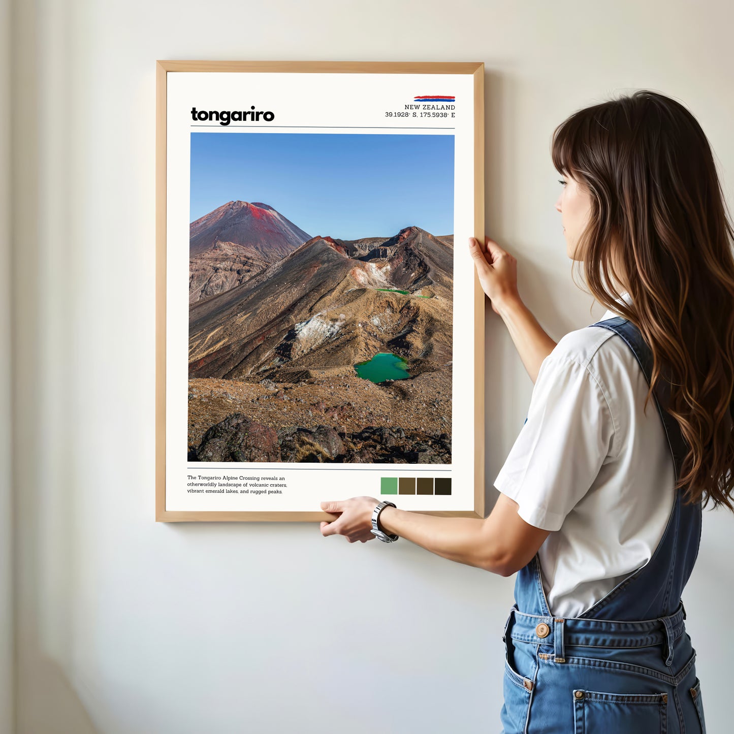 Person hanging a Tongariro Crossing wall art print featuring New Zealand’s volcanic landscape
