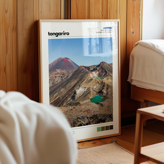 Tongariro Crossing wall art print styled in a warm interior with wooden chair and natural light