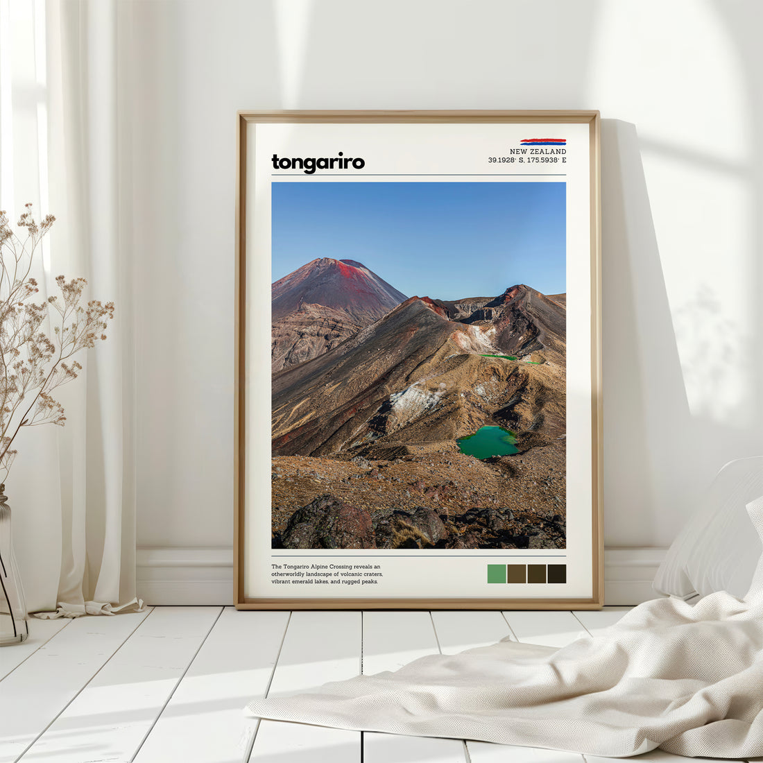 Tongariro Crossing wall art print displayed on the floor in a bright minimalist interior