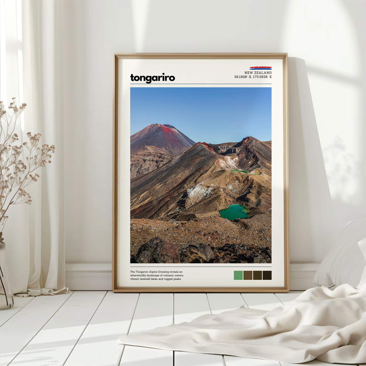 Tongariro Crossing wall art print displayed on the floor in a bright minimalist interior
