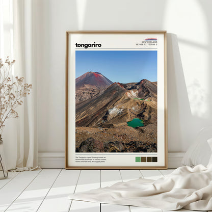 Tongariro Crossing wall art print displayed on the floor in a bright minimalist interior