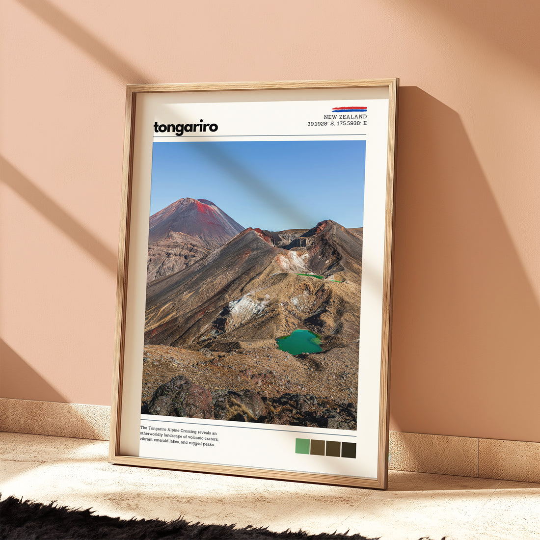 Tongariro Crossing wall art print framed and styled on a shelf with neutral home decor