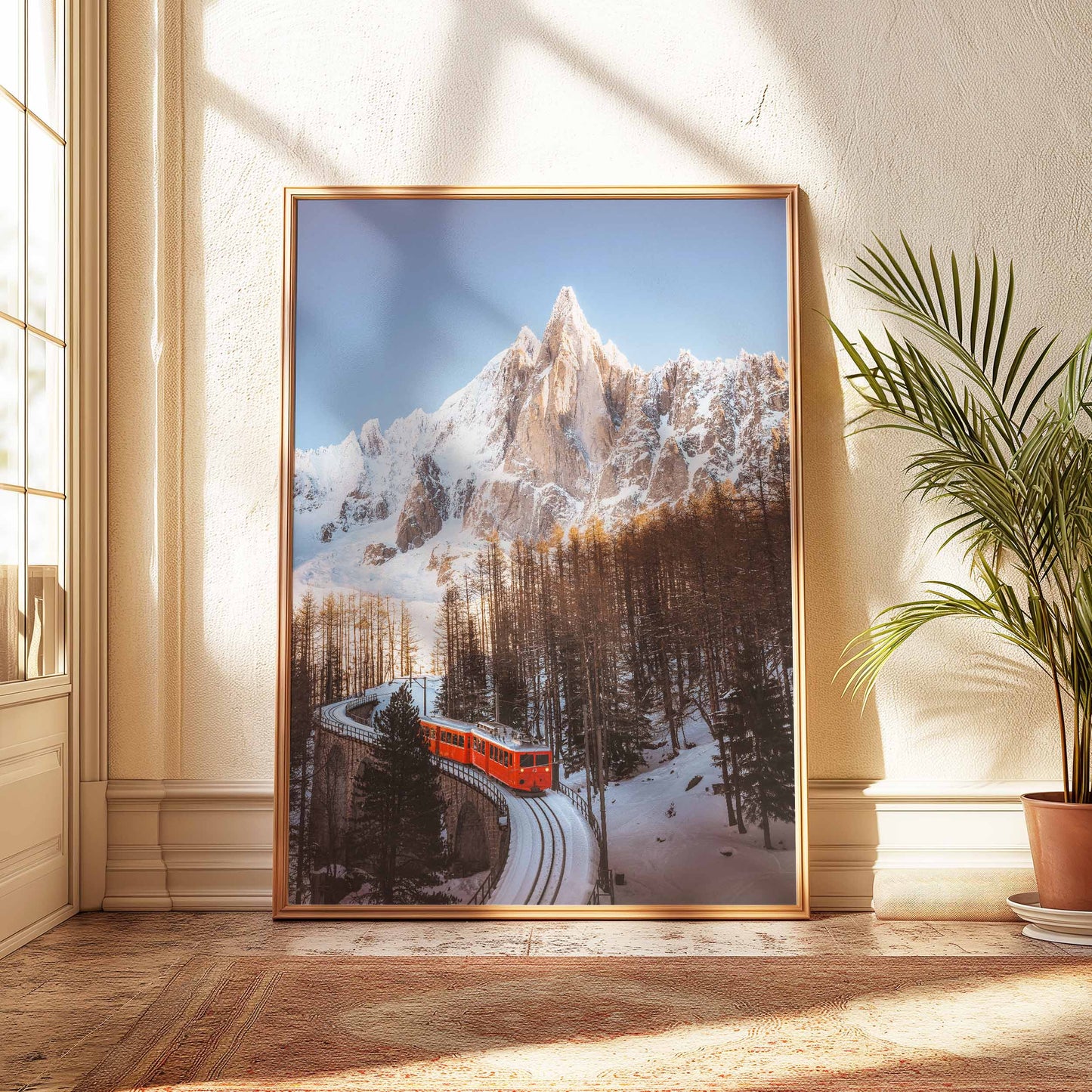 Red Train du Montenvers near Mer de Glace, French Alps winter decor wall print.