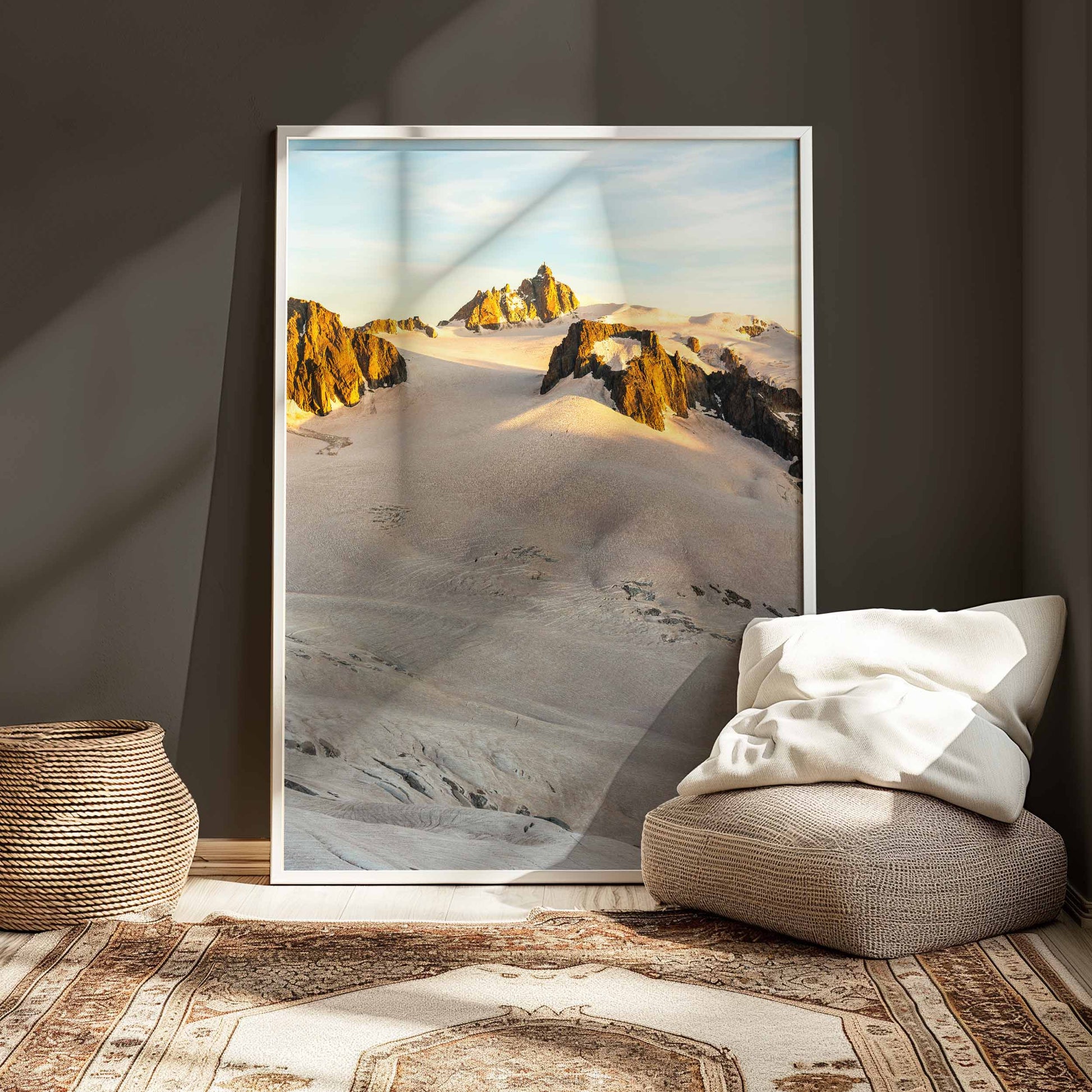 Vallée Blanche sunrise print, elegant framed artwork for Chamonix enthusiasts.