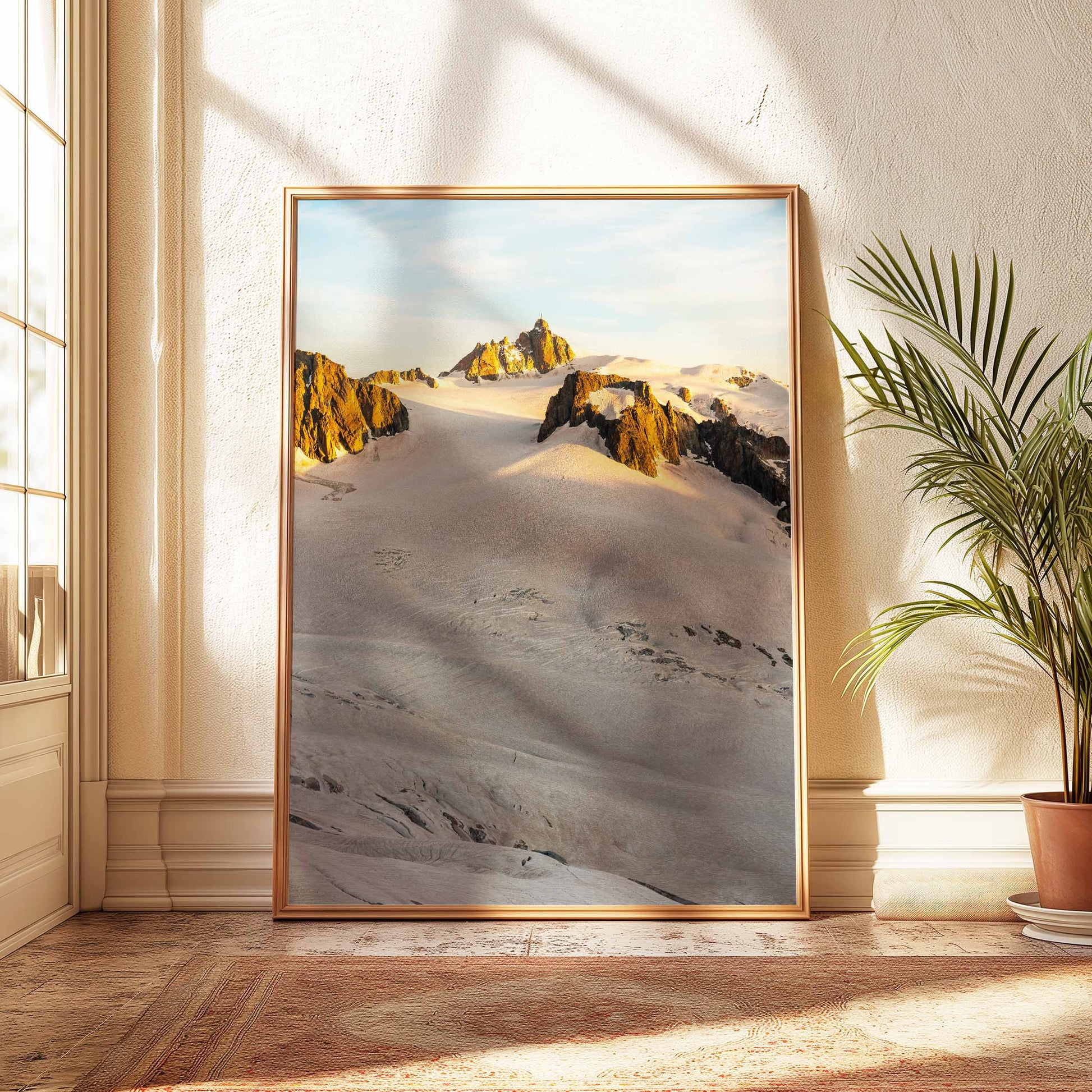 Aiguille du Midi and Vallée Blanche during sunrise, premium wooden frame decor.