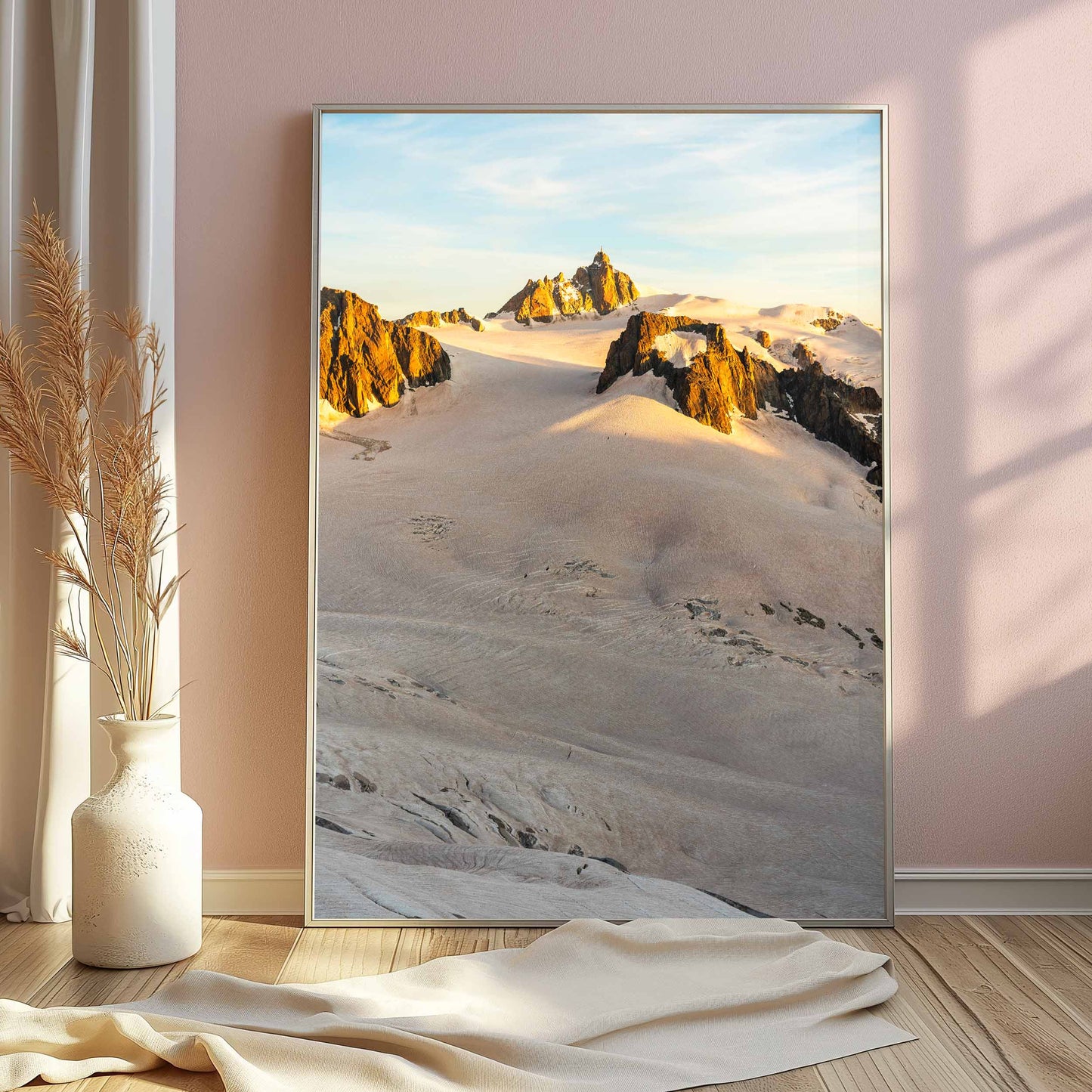 Chamonix Vallée Blanche sunrise framed print, minimalist interior style.