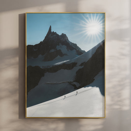 Fine art photography print of mountaineers crossing the Vallée Blanche beneath the Dent du Géant — Chamonix alpine wall art for mountain lovers.